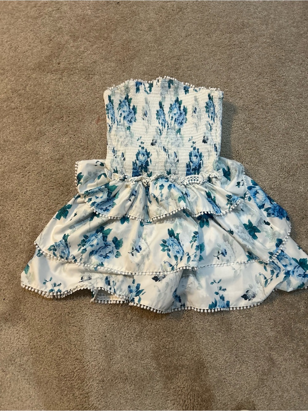White and Blue Floral Strapless Ruffle Dress